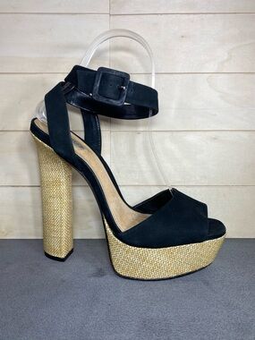 Schutz Amatista Platform Heels Black Tan Women's Size 8 B Shoes Ankle Strap